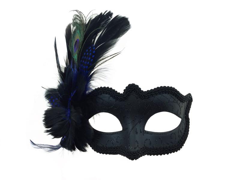 Venetian Black Mask With Blue Feather