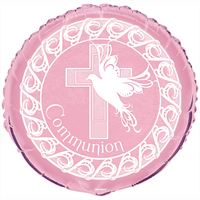 Mylar 18 po. Colombe Croix Communion Rose