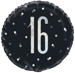 Mylar 18 po. Joyeux anniversaire Numéro 16 noir et argenté avec paillettes