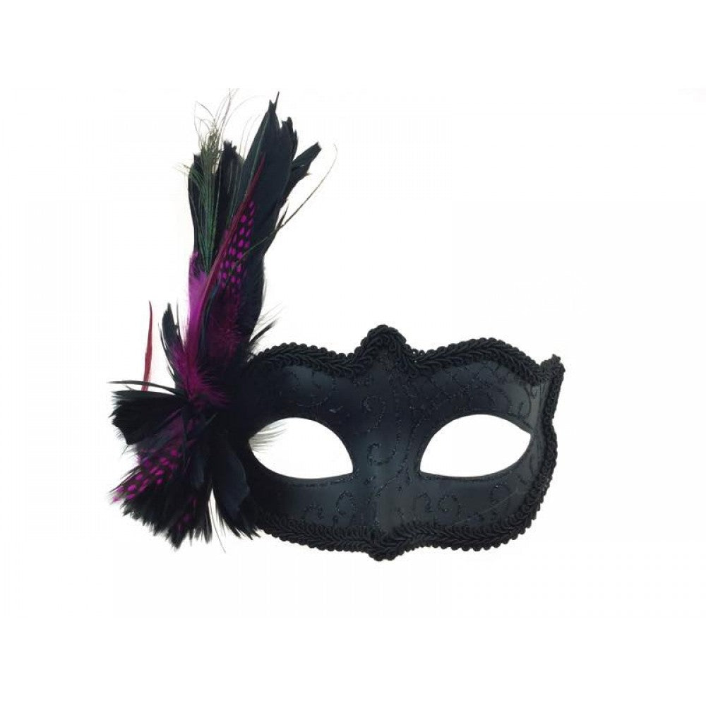Venetian Black Mask With Purple Feather