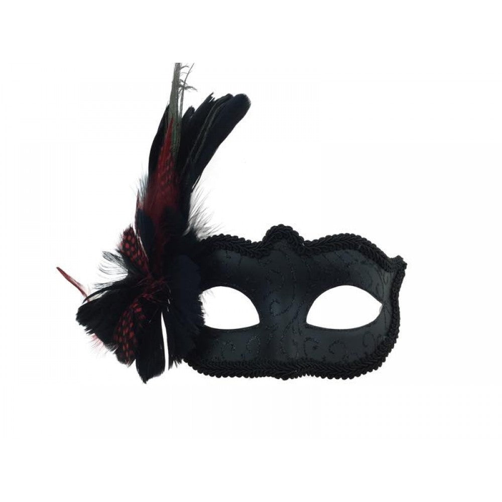 Venetian Black Mask With Red Feather