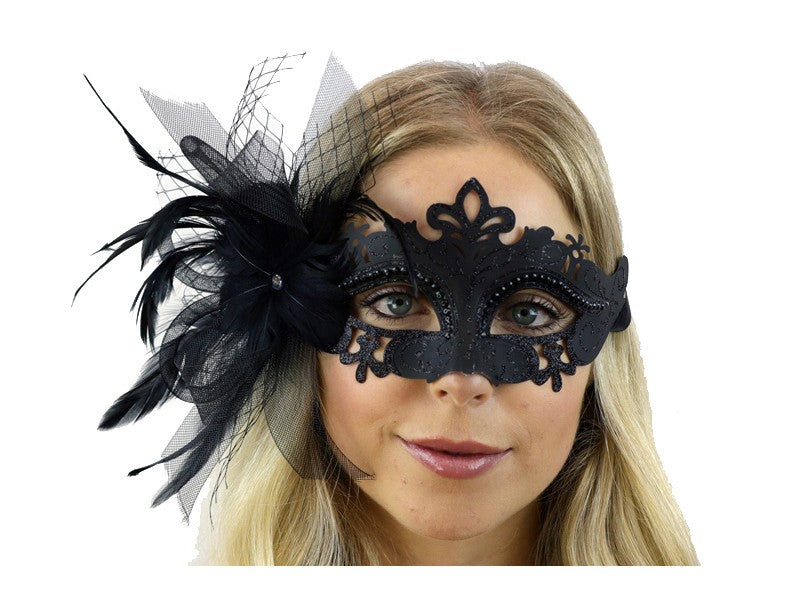 Venetian Black Mask With Black Feather
