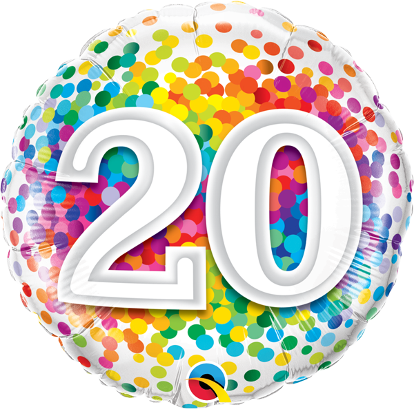 Mylar 18 po. Confettis arc-en-ciel de joyeux anniversaire 20
